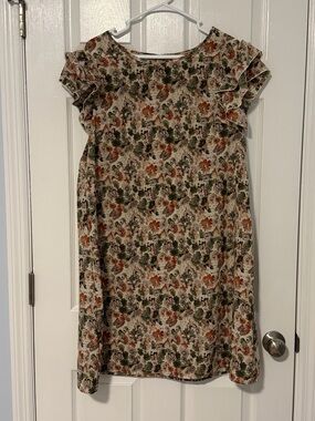 Floral Ruffle Short Sleeve Dress - Beige with Green & Rust